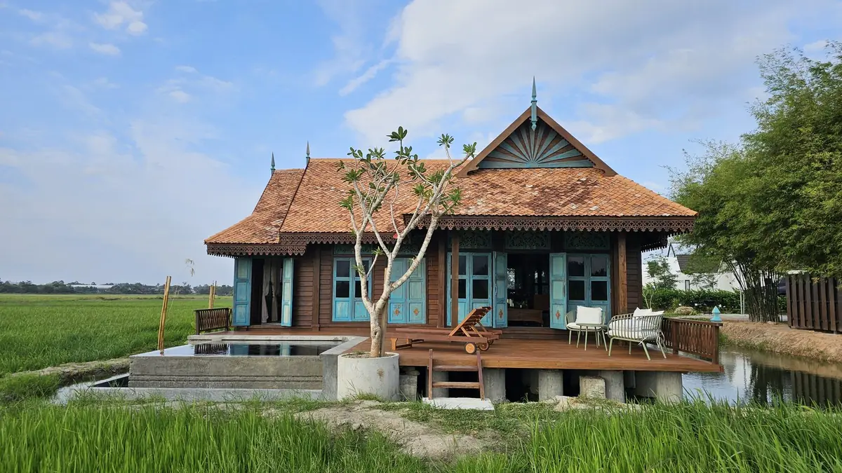 Wooden deck of Rumah Uda with private plunge pool, sun loungers and turquoise shutters